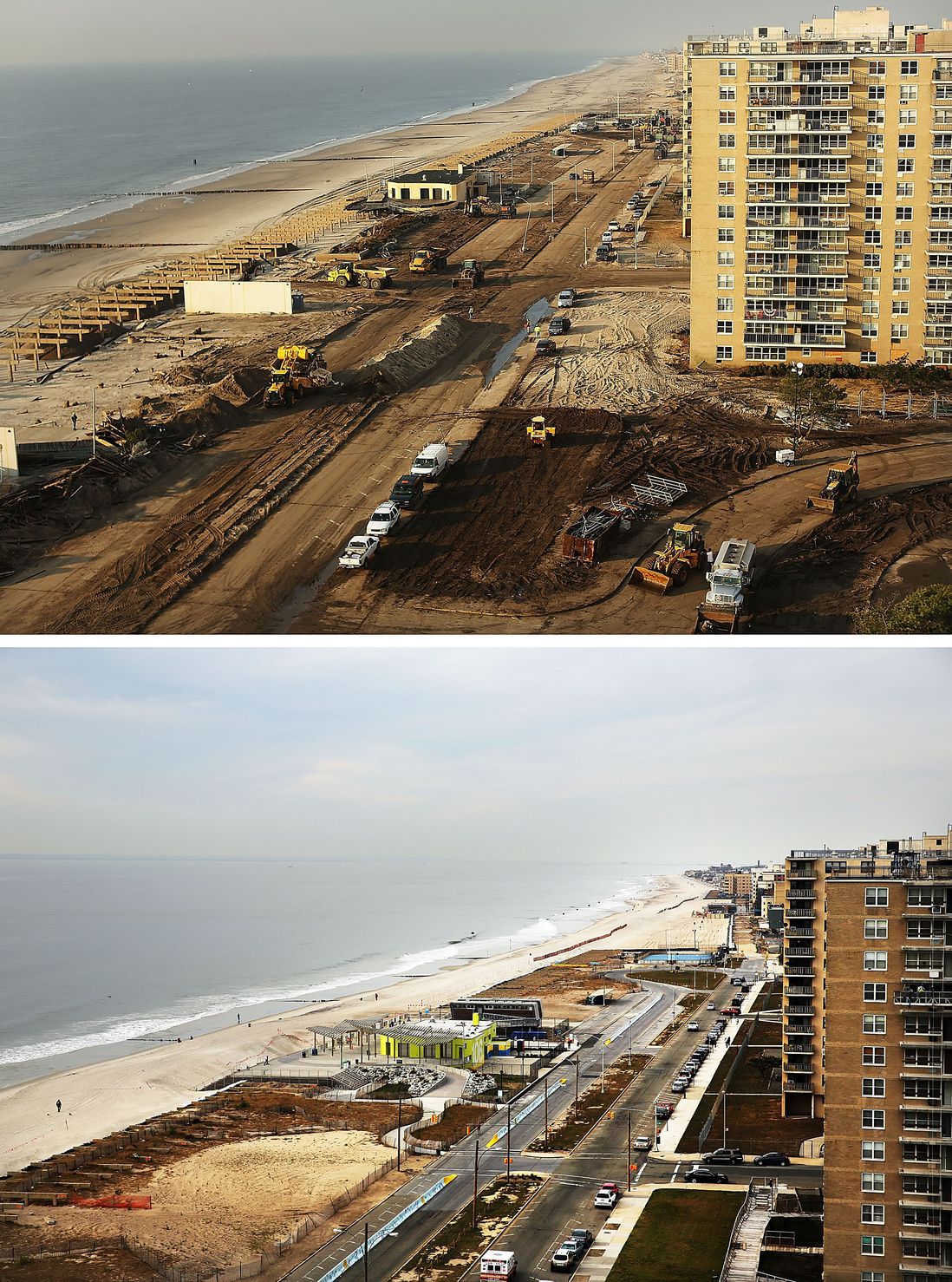 [Top] Clean-up continues amongst piles of debris where a large section of the iconic boardwalk was washed away on November 10, 2012 in the Rockaway neighborhood of the Queens borough of New York City. [Bottom] Cars sit parked on the street October 20, 2013.